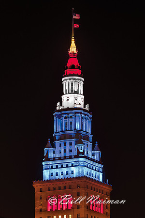 Terminal Tower Lit in Red White and Blue