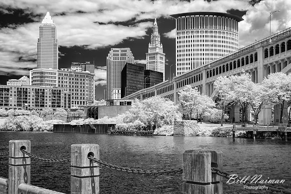 Cleveland Skyline, Cuyahoga River, and Veteran's Memorial Bridge 2014 - B&W Infrared