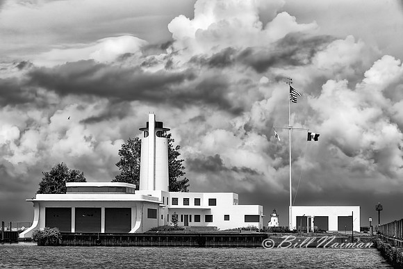Coast Guard Station on Cloudy Day - B&W